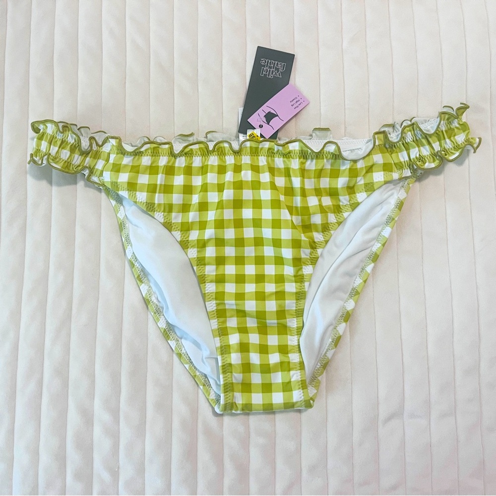NWT Wild Fable High Leg Cheeky Ruffle Bikini Bottom - Green Gingham - Women's XL